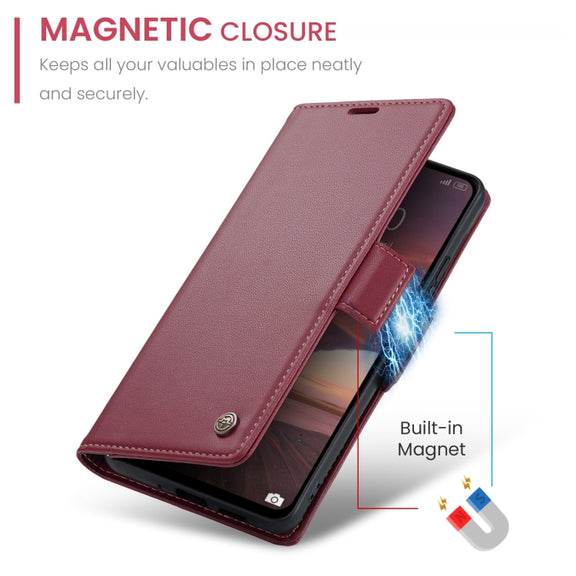 For Redmi 13 CaseMe 023 Butterfly Buckle Litchi Texture RFID Anti-theft Leather Phone Case(Wine Red)
