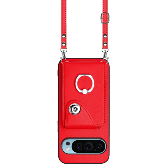 For Google Pixel 9 / 9 Pro Organ Card Bag Ring Holder Phone Case with Long Lanyard(Red)