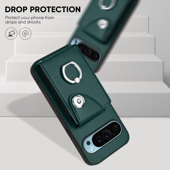 For Google Pixel 9 / 9 Pro Organ Card Bag Ring Holder Phone Case with Long Lanyard(Green)