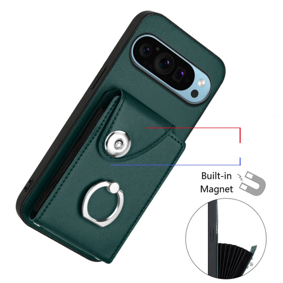 For Google Pixel 9 / 9 Pro Organ Card Bag Ring Holder Phone Case with Long Lanyard(Green)