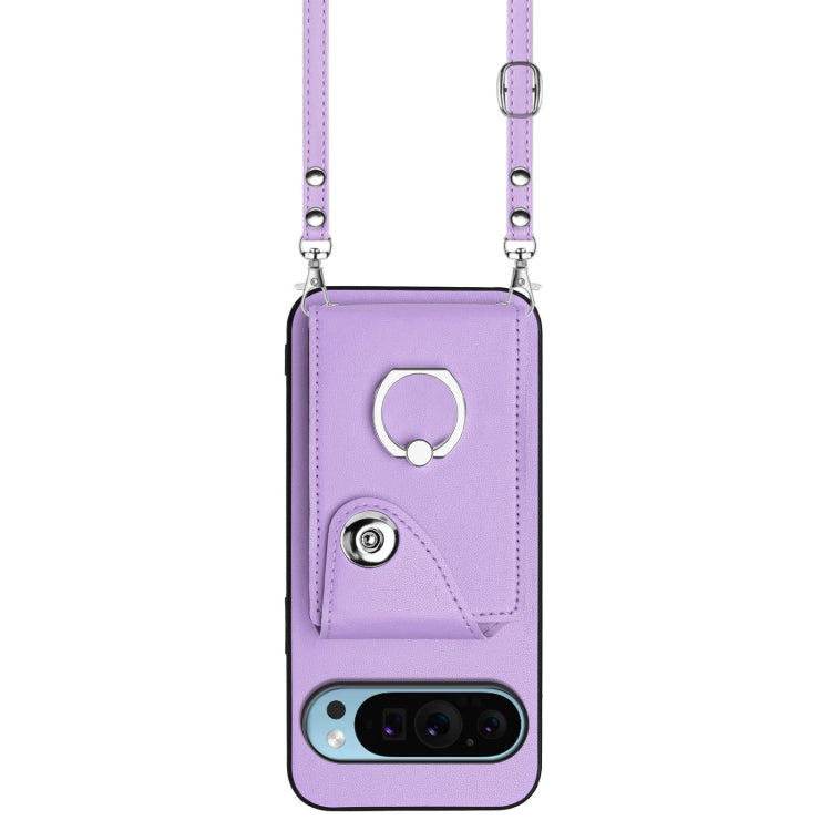 For Google Pixel 9 Pro XL Organ Card Bag Ring Holder Phone Case with Long Lanyard(Purple)