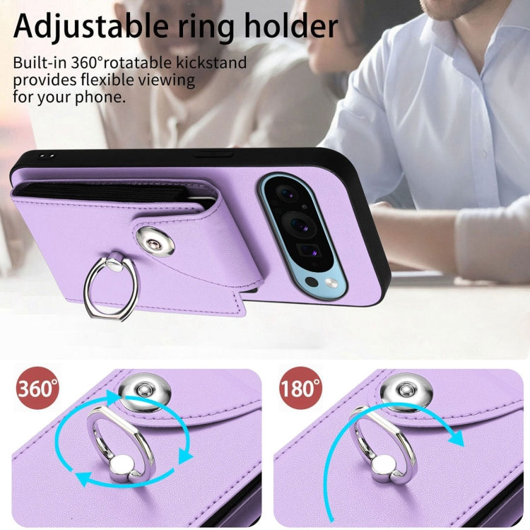 For Google Pixel 9 Pro XL Organ Card Bag Ring Holder Phone Case with Long Lanyard(Purple)
