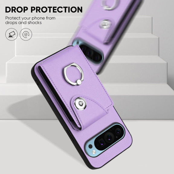 For Google Pixel 9 Pro XL Organ Card Bag Ring Holder Phone Case with Long Lanyard(Purple)