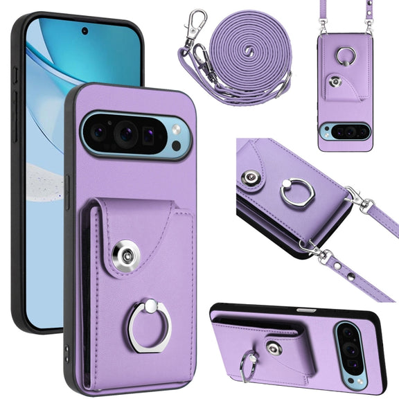 For Google Pixel 9 Pro XL Organ Card Bag Ring Holder Phone Case with Long Lanyard(Purple)