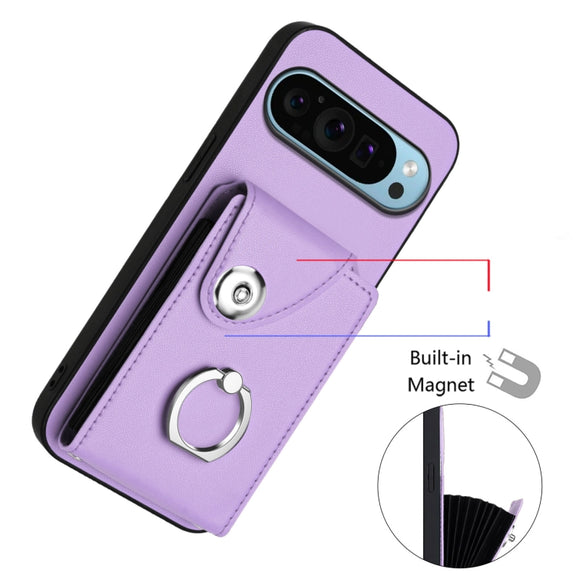 For Google Pixel 9 Pro XL Organ Card Bag Ring Holder Phone Case with Long Lanyard(Purple)