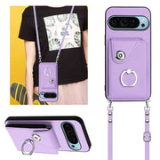 For Google Pixel 9 Pro XL Organ Card Bag Ring Holder Phone Case with Long Lanyard(Purple)