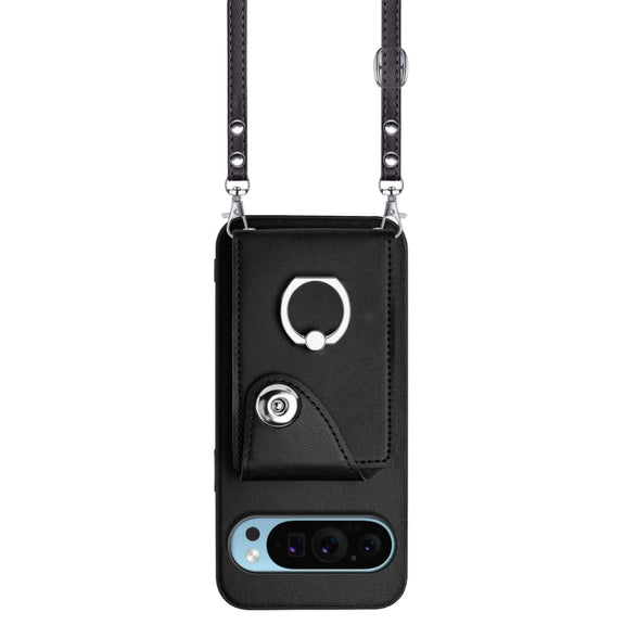For Google Pixel 9 Pro XL Organ Card Bag Ring Holder Phone Case with Long Lanyard(Black)