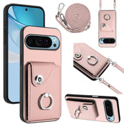 For Google Pixel 9 Pro XL Organ Card Bag Ring Holder Phone Case with Long Lanyard(Pink)