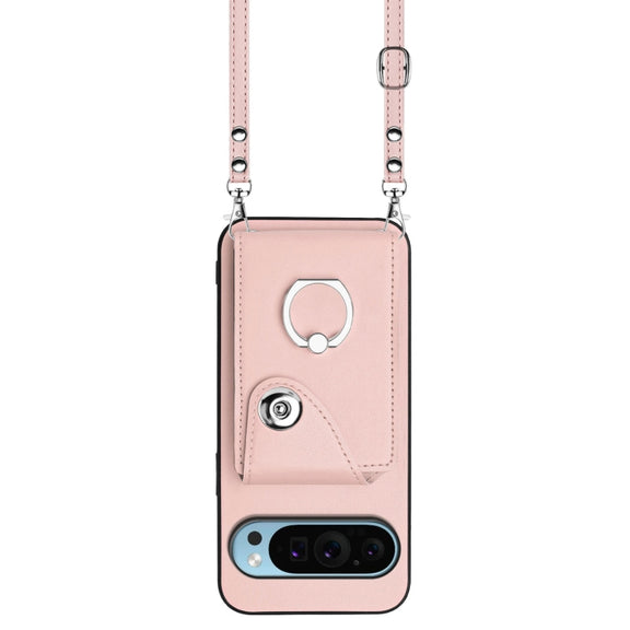 For Google Pixel 9 Pro XL Organ Card Bag Ring Holder Phone Case with Long Lanyard(Pink)