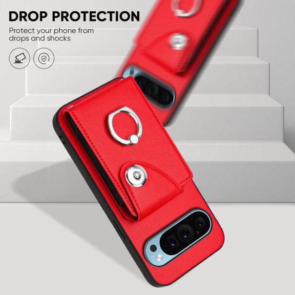For Google Pixel 9 Pro XL Organ Card Bag Ring Holder Phone Case with Long Lanyard(Red)