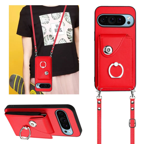 For Google Pixel 9 Pro XL Organ Card Bag Ring Holder Phone Case with Long Lanyard(Red)