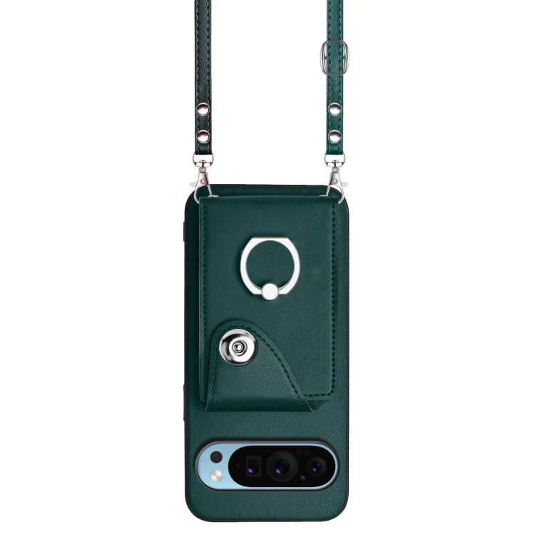 For Google Pixel 9 Pro XL Organ Card Bag Ring Holder Phone Case with Long Lanyard(Green)