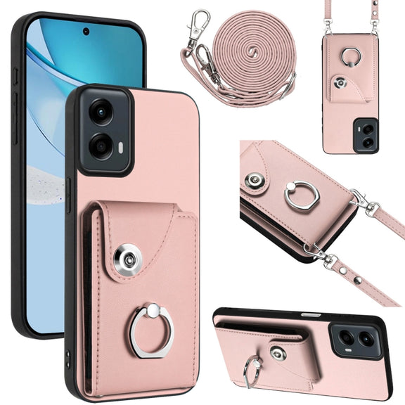 For Motorola Moto G 5G 2024 Organ Card Bag Ring Holder Phone Case with Long Lanyard(Pink)