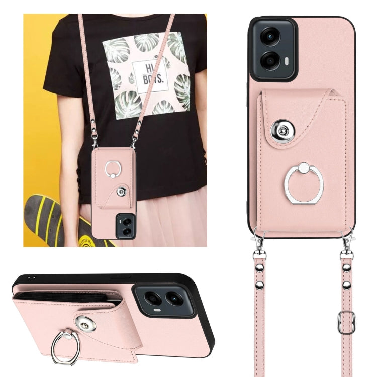 For Motorola Moto G 5G 2024 Organ Card Bag Ring Holder Phone Case with Long Lanyard(Pink)