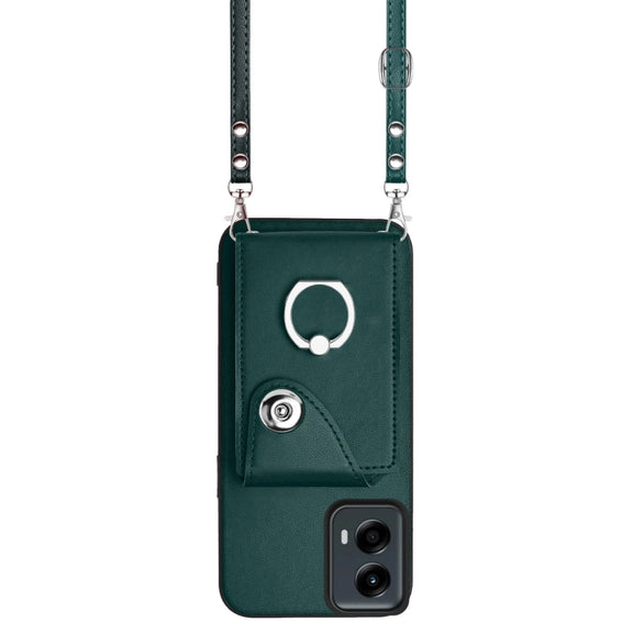 For Motorola Moto G 5G 2024 Organ Card Bag Ring Holder Phone Case with Long Lanyard(Green)