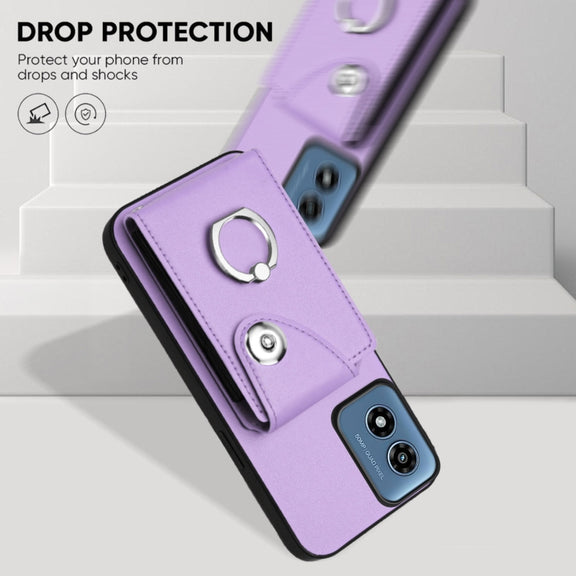 For Motorola Moto G Play 2024 5G Organ Card Bag Ring Holder Phone Case with Long Lanyard(Purple)
