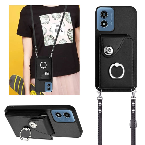 For Motorola Moto G Play 2024 5G Organ Card Bag Ring Holder Phone Case with Long Lanyard(Black)