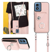 For Motorola Moto G Play 2024 5G Organ Card Bag Ring Holder Phone Case with Long Lanyard(Pink)
