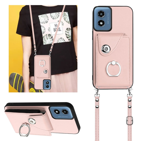 For Motorola Moto G Play 2024 5G Organ Card Bag Ring Holder Phone Case with Long Lanyard(Pink)
