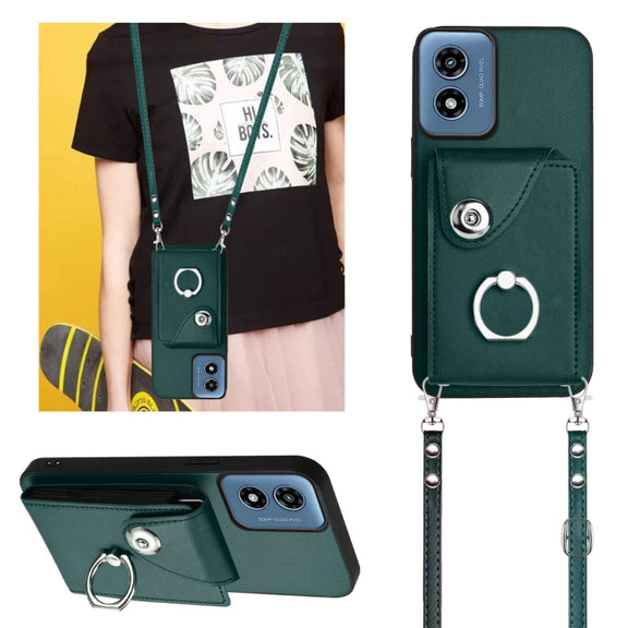 For Motorola Moto G Play 2024 5G Organ Card Bag Ring Holder Phone Case with Long Lanyard(Green)