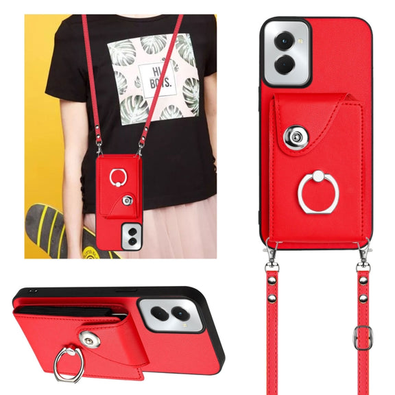 For Motorola Moto G Power 2024 5G Organ Card Bag Ring Holder Phone Case with Long Lanyard(Red)