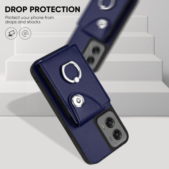 For Motorola Moto G Stylus 5G 2024 Organ Card Bag Ring Holder Phone Case with Long Lanyard(Blue)