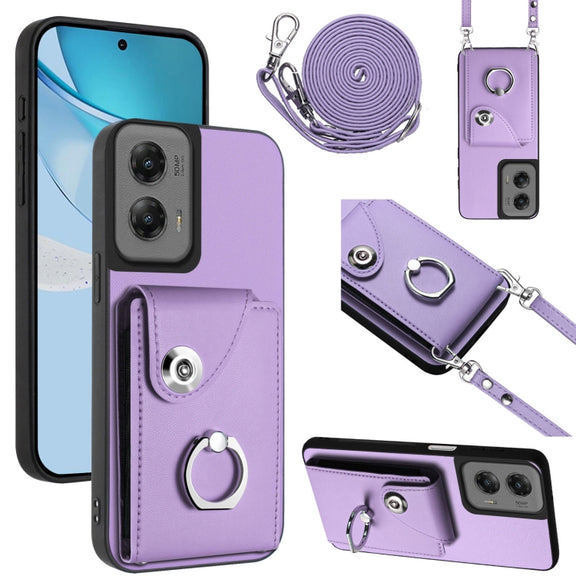 For Motorola Moto G Stylus 5G 2024 Organ Card Bag Ring Holder Phone Case with Long Lanyard(Purple)