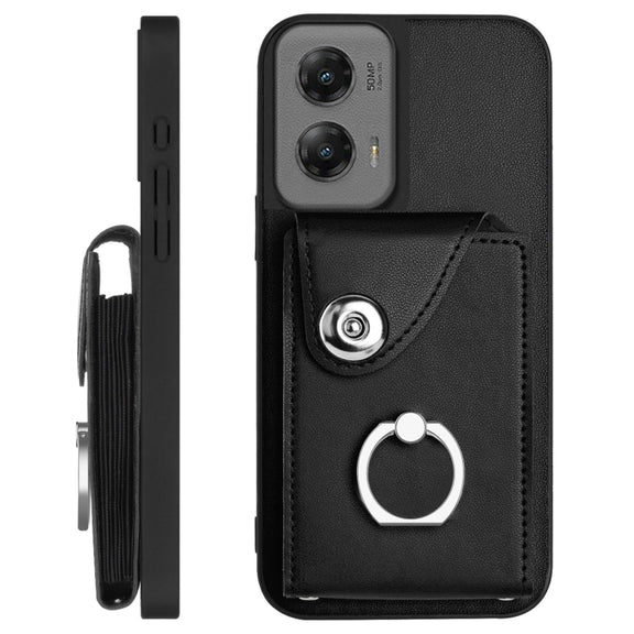 For Motorola Moto G Stylus 5G 2024 Organ Card Bag Ring Holder Phone Case with Long Lanyard(Black)
