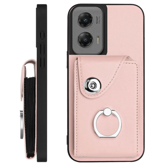 For Motorola Moto G Stylus 5G 2024 Organ Card Bag Ring Holder Phone Case with Long Lanyard(Pink)