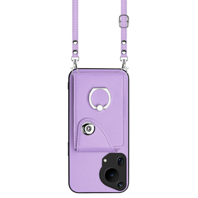 For Huawei Pura 70 Ultra Organ Card Bag Ring Holder Phone Case with Long Lanyard(Purple)
