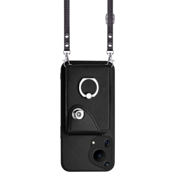 For Huawei Pura 70 Ultra Organ Card Bag Ring Holder Phone Case with Long Lanyard(Black)