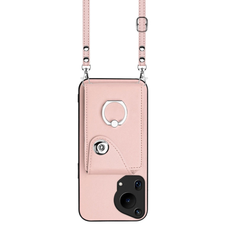 For Huawei Pura 70 Ultra Organ Card Bag Ring Holder Phone Case with Long Lanyard(Pink)