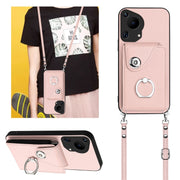 For Huawei Pura 70 Ultra Organ Card Bag Ring Holder Phone Case with Long Lanyard(Pink)