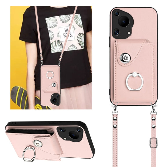 For Huawei Pura 70 Ultra Organ Card Bag Ring Holder Phone Case with Long Lanyard(Pink)