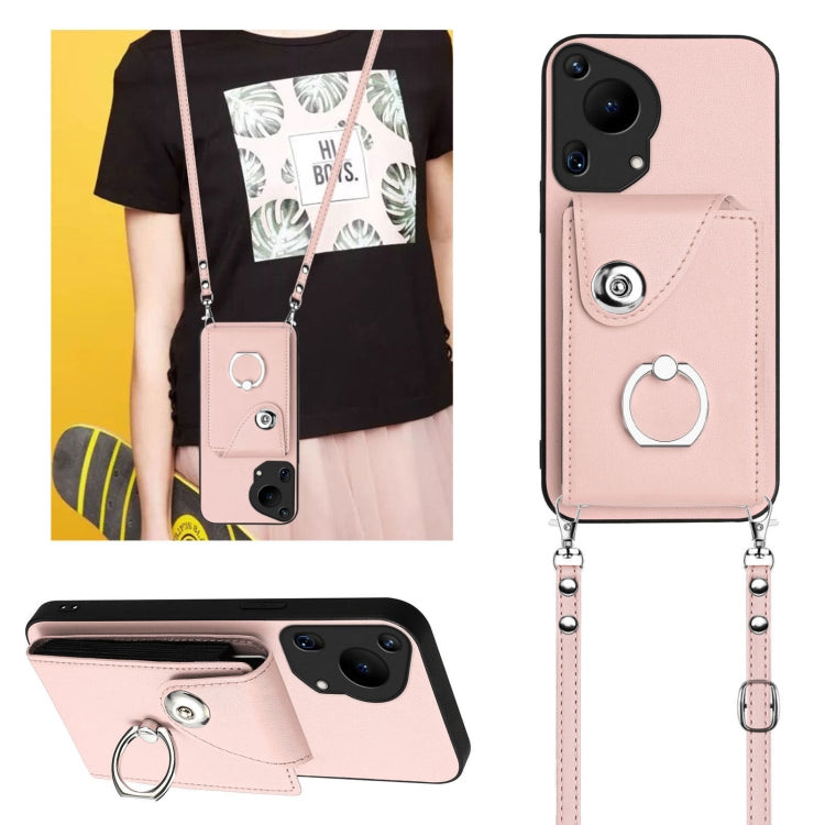 For Huawei Pura 70 Ultra Organ Card Bag Ring Holder Phone Case with Long Lanyard(Pink)