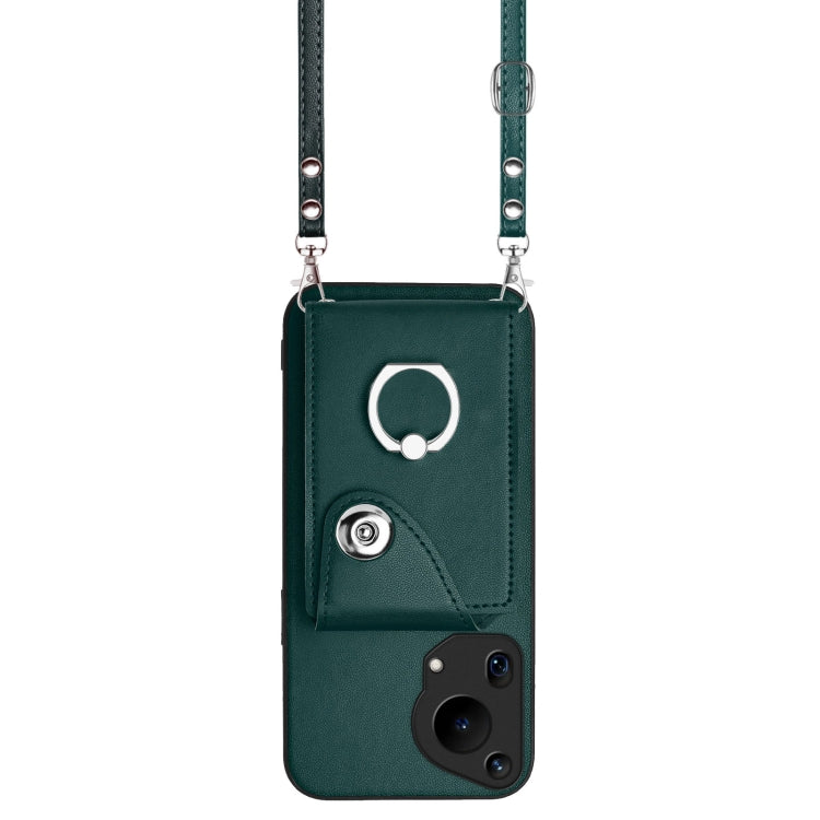 For Huawei Pura 70 Ultra Organ Card Bag Ring Holder Phone Case with Long Lanyard(Green)