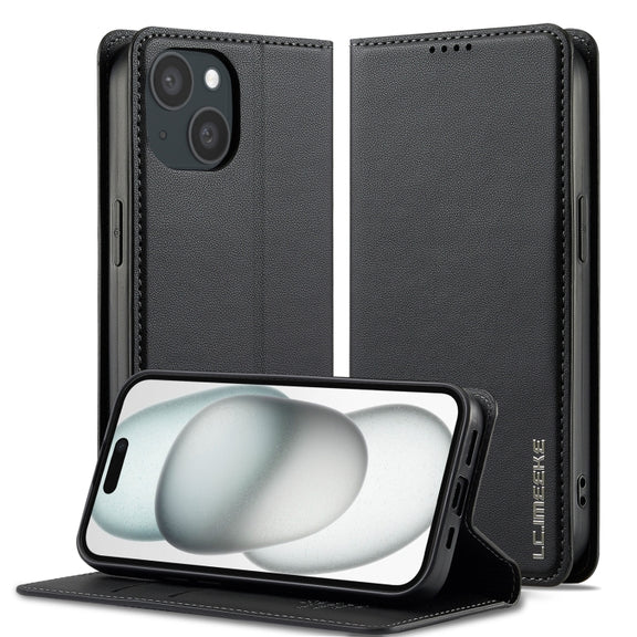 For iPhone 15 LC.IMEEKE L1 Series Frosted Fine Texture PU Phone Case(Black)