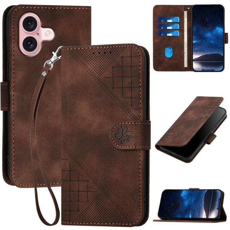 For iPhone 16 YX0080 Grid Butterfly Embossed Pattern Flip Leather Phone Case with Lanyard(Coffee) - iPhone 16 Cases by PMC TechLife | Online Shopping South Africa | PMC TechLife | Buy Now Pay Later Mobicred