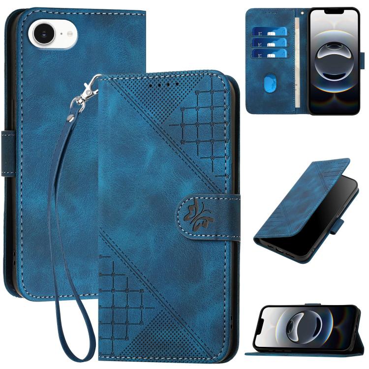 For iPhone 16e YX0080 Grid Butterfly Embossed Pattern Flip Leather Phone Case with Lanyard(Dark Blue) - iPhone 16e Cases by PMC TechLife | Online Shopping South Africa | PMC TechLife | Buy Now Pay Later Mobicred