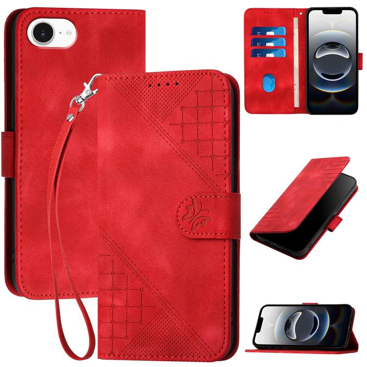 For iPhone 16e YX0080 Grid Butterfly Embossed Pattern Flip Leather Phone Case with Lanyard(Red) - iPhone 16e Cases by PMC TechLife | Online Shopping South Africa | PMC TechLife | Buy Now Pay Later Mobicred