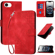 For iPhone 16e YX0080 Grid Butterfly Embossed Pattern Flip Leather Phone Case with Lanyard(Red)