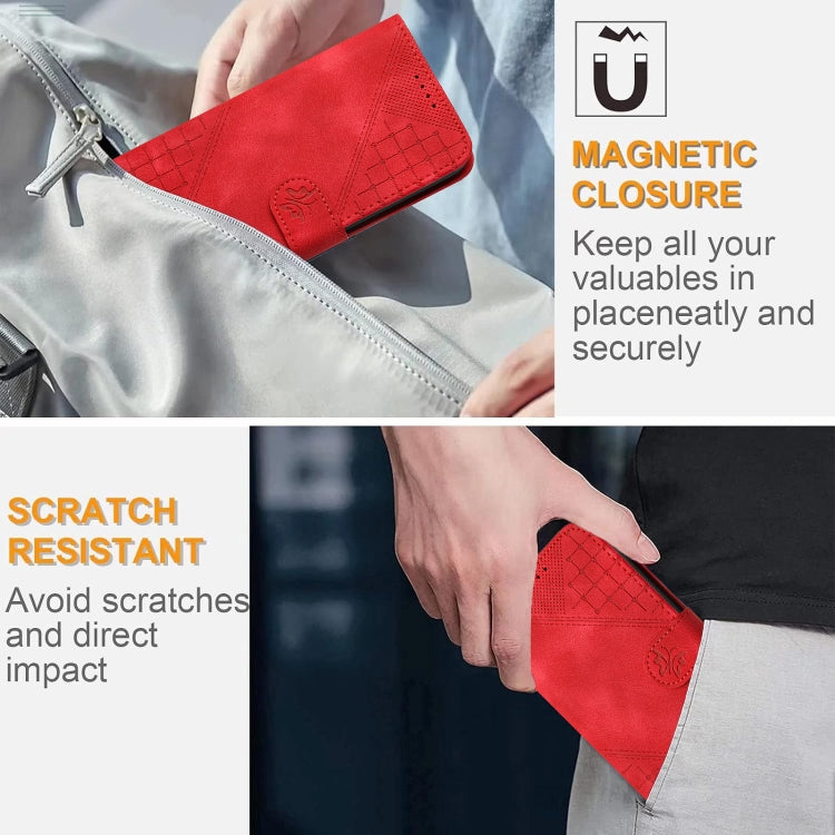 For iPhone 16e YX0080 Grid Butterfly Embossed Pattern Flip Leather Phone Case with Lanyard(Red) - iPhone 16e Cases by PMC TechLife | Online Shopping South Africa | PMC TechLife | Buy Now Pay Later Mobicred