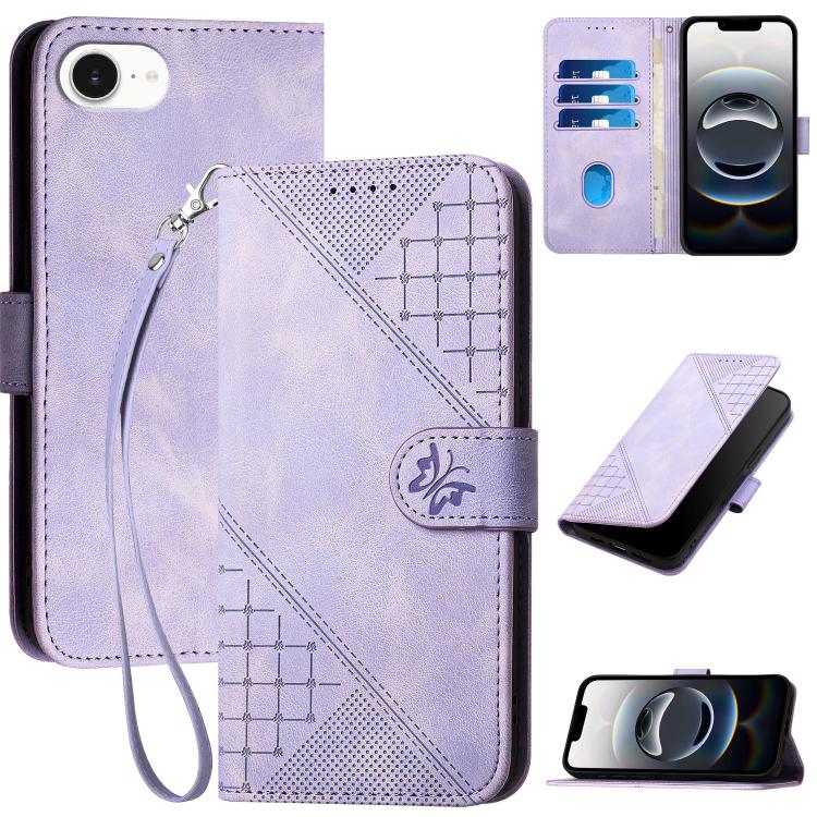 For iPhone 16e YX0080 Grid Butterfly Embossed Pattern Flip Leather Phone Case with Lanyard(Light Purple) - iPhone 16e Cases by PMC TechLife | Online Shopping South Africa | PMC TechLife | Buy Now Pay Later Mobicred
