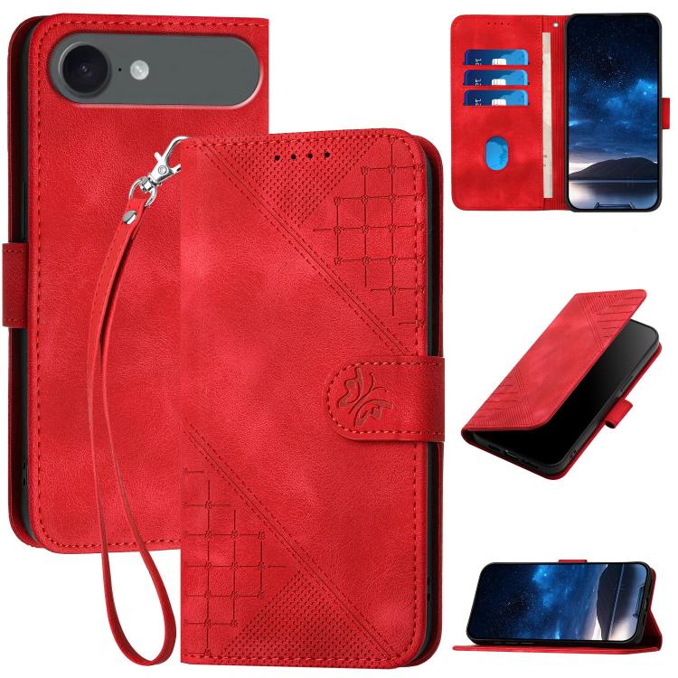 For iPhone 17 Air YX0080 Grid Butterfly Embossed Pattern Flip Leather Phone Case with Lanyard(Red) - free shipping - PMc TechLife - Order now!
