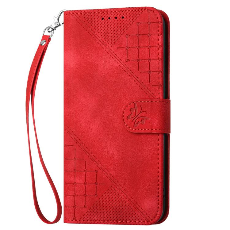 For iPhone 17 Air YX0080 Grid Butterfly Embossed Pattern Flip Leather Phone Case with Lanyard(Red)