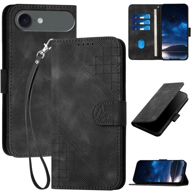 For iPhone 17 Air YX0080 Grid Butterfly Embossed Pattern Flip Leather Phone Case with Lanyard(Black) - free shipping - PMc TechLife - Order now!