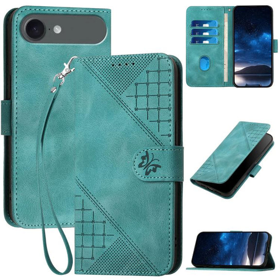 For iPhone 17 Air YX0080 Grid Butterfly Embossed Pattern Flip Leather Phone Case with Lanyard(Light Blue)