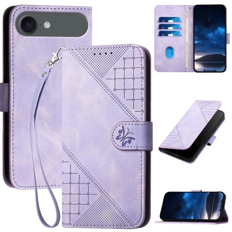 For iPhone 17 Air YX0080 Grid Butterfly Embossed Pattern Flip Leather Phone Case with Lanyard(Light Purple) - free shipping - PMc TechLife - Order now!
