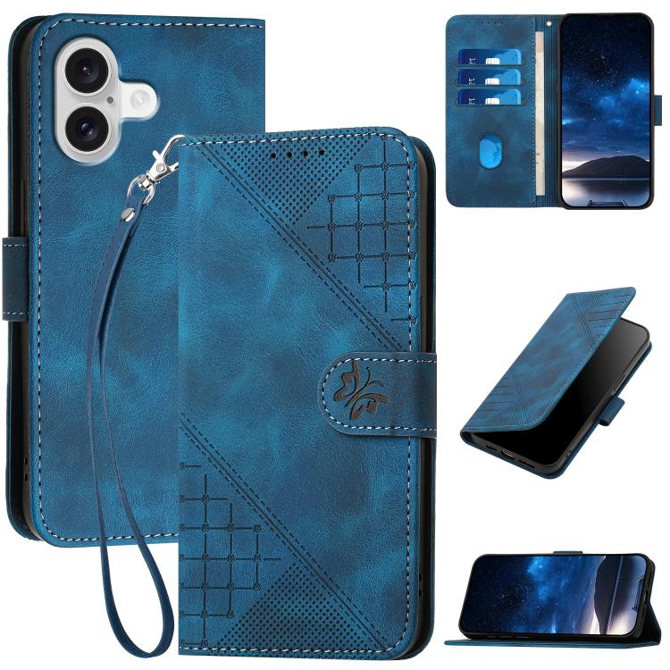 For iPhone 17 YX0080 Grid Butterfly Embossed Pattern Flip Leather Phone Case with Lanyard(Dark Blue) - free shipping - PMc TechLife - Order now!