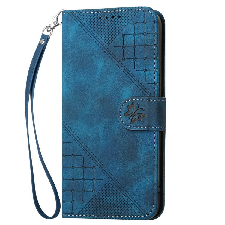 For iPhone 17 YX0080 Grid Butterfly Embossed Pattern Flip Leather Phone Case with Lanyard(Dark Blue)
